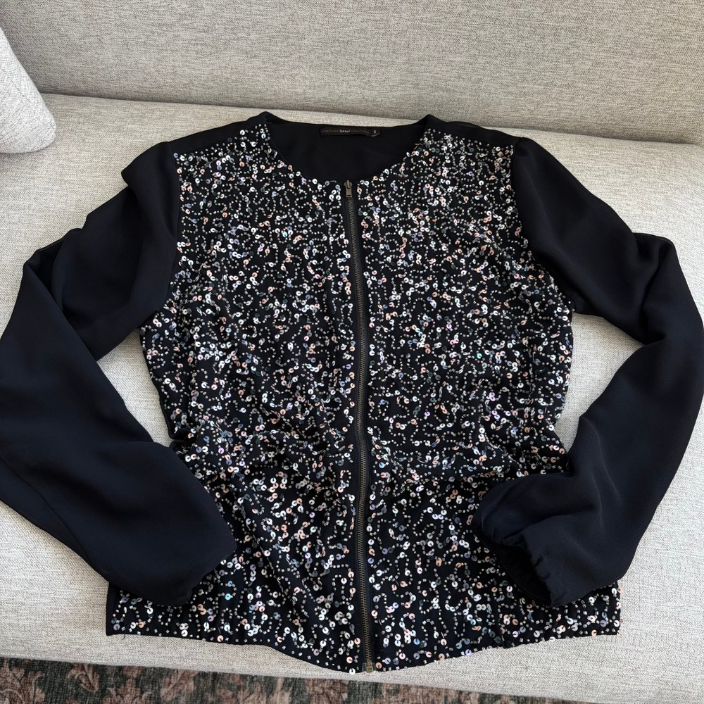 Anthropologie Hazel Sequin Zip Up Bomber Jacket S Beaded Iridescent Glam Party
